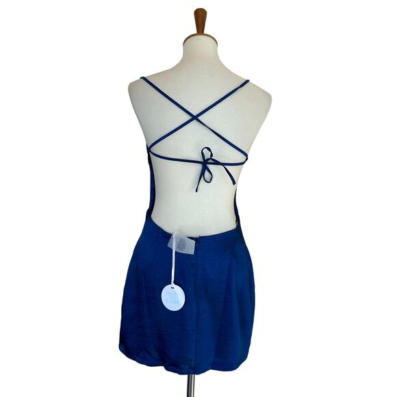 Revolve Blue Satin Mini Slip Dress LARGE Backless Cocktail More to Come $64 NEW - Picture 6 of 7
